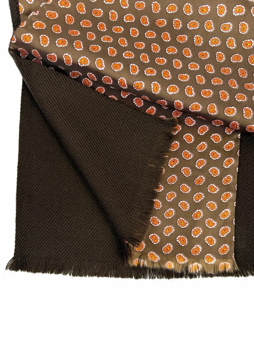 Men's Doubled Reversible Scarf Silk Wool Brown Paisley Print 11x50